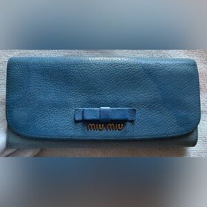 Miu Miu Authentic Vintage Cloudy Blue Sky Leather Long Wallet with Gold Logo